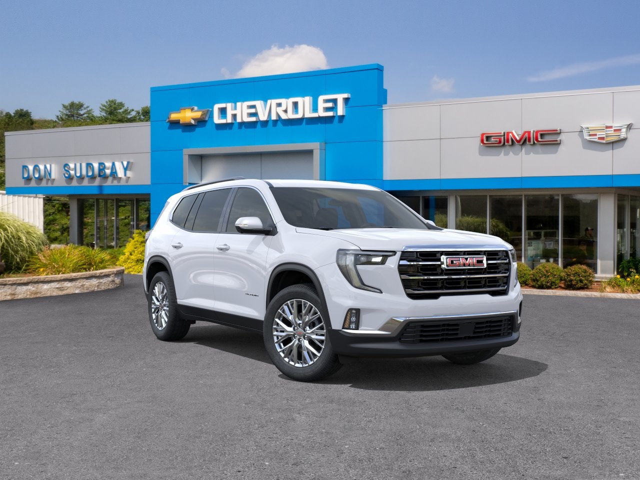 2026 GMC Acadia Elevation in Summit White — front three-quarter view